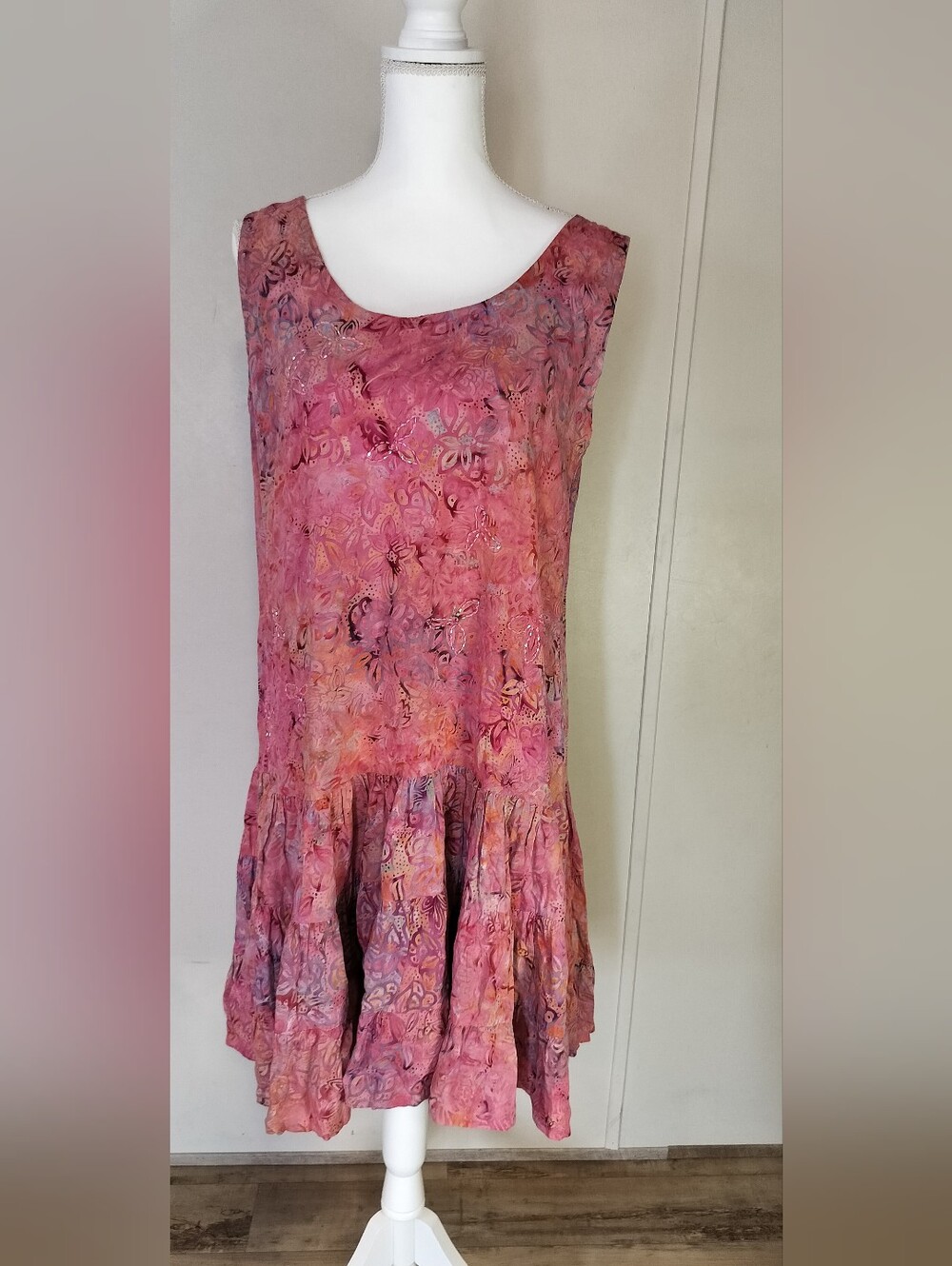 Sleeveless Pink Batik Drop-Waist Ruffle Hem Tunic Dress